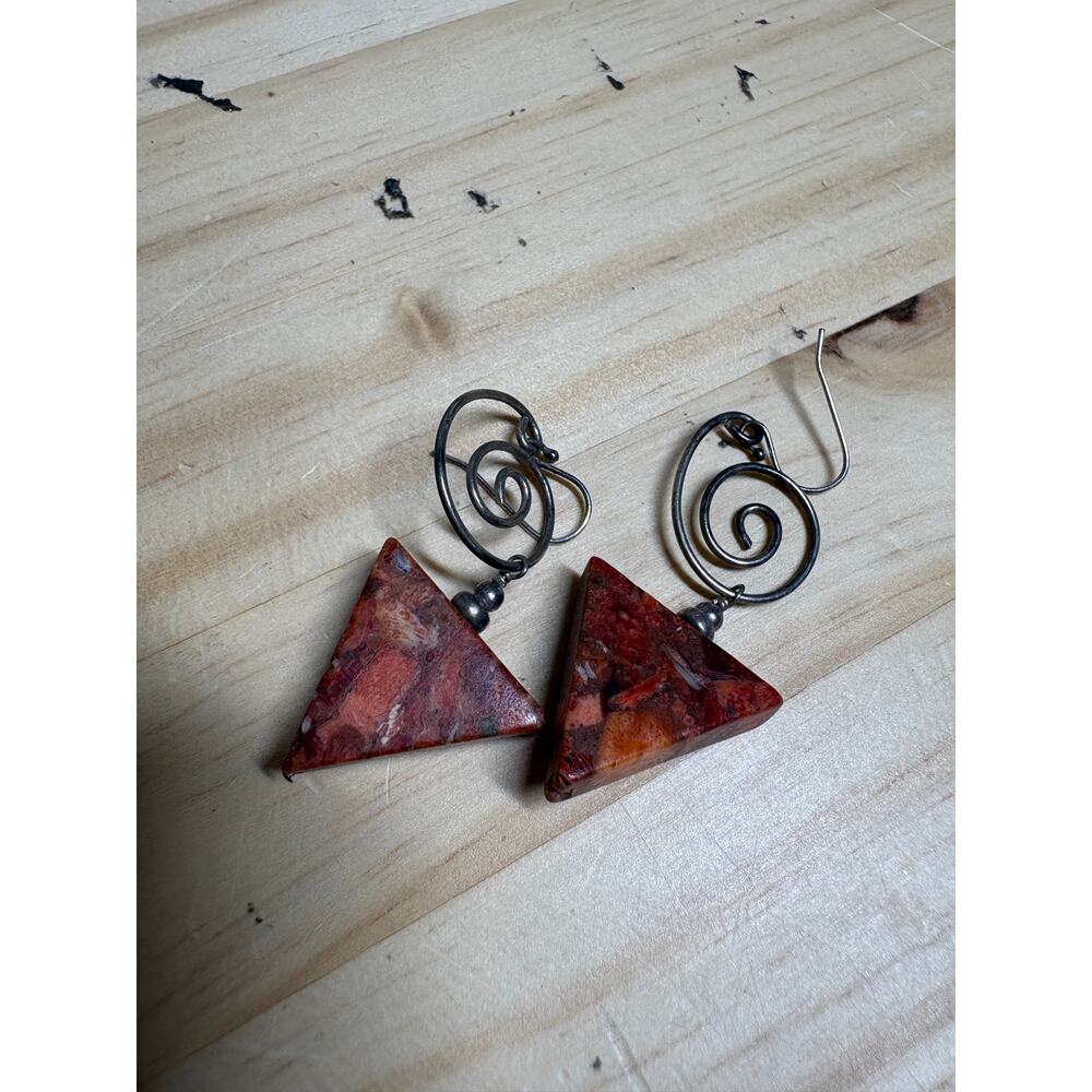 Artisan 925 Sterling Silver Triangle Red Jasper Earrings Spiral Dangle Boho - Picture 5 of 8